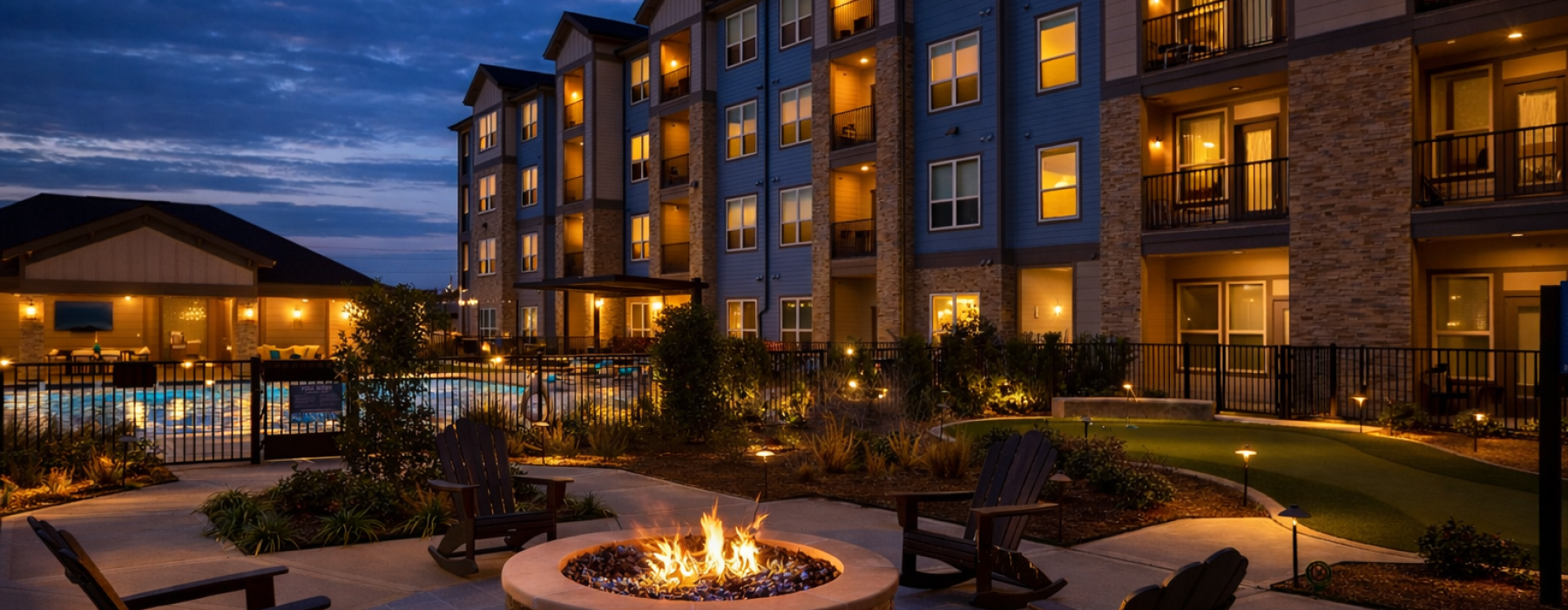 fire pit by the pool at dusk